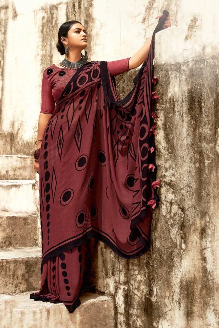 Currant Red Georgette Fashion Saree