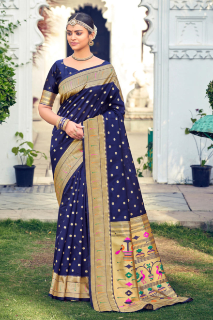 Navy Blue Silk Blend Paithani Saree