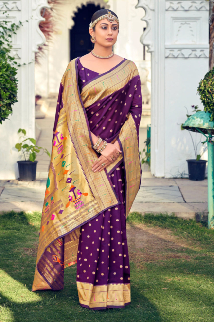 Indigo Purple Silk Blend Paithani Saree