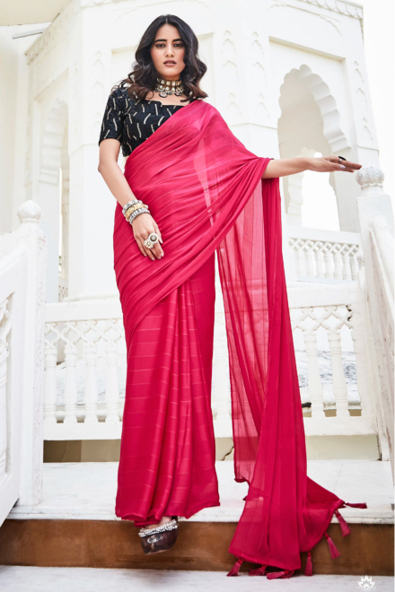 Magenta Pink Satin Blend Leheriya Saree