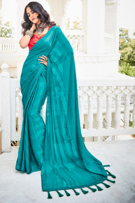 Peacock Green Satin Blend Leheriya Saree