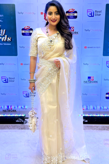 Aishwarya Sharma - Golden White Organza Fashion Saree