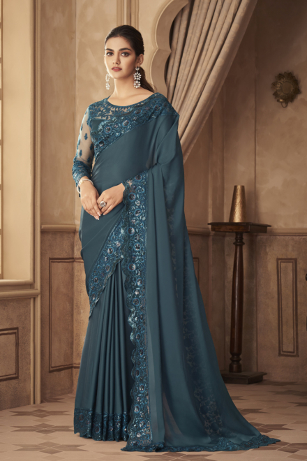 Ocean Blue Soft Silk Fashion Saree