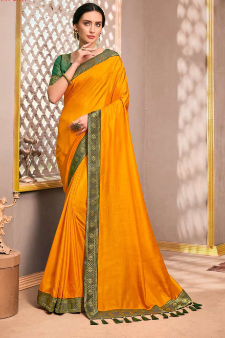 Mustard Yellow Vichitra Banarasi Saree