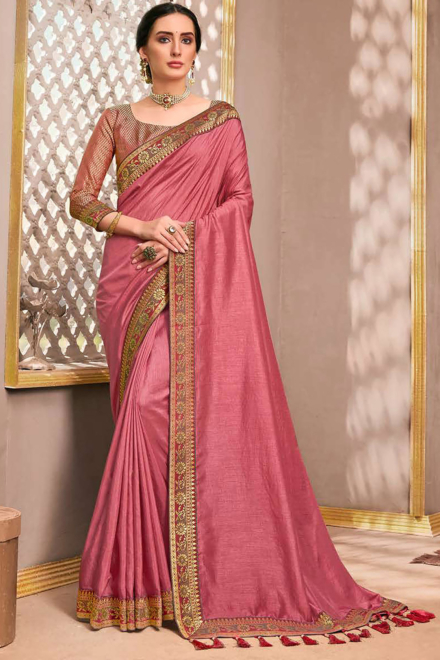 Peach Pink Vichitra Banarasi Saree