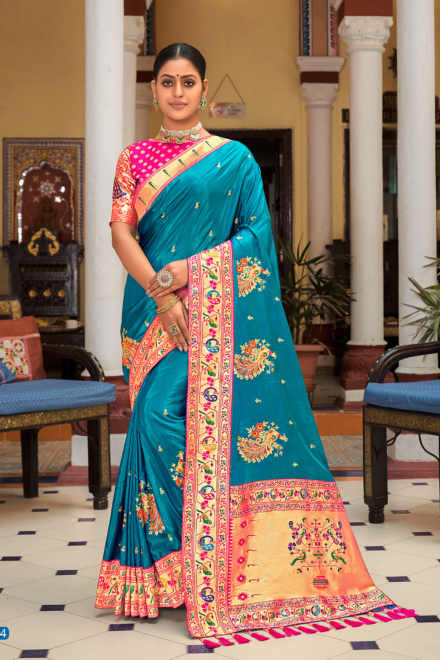 Sea Light Blue Silk Blend Banarasi Saree