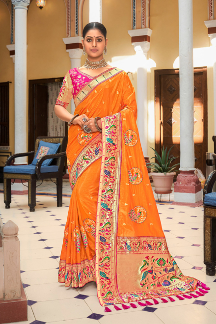 Amber Orange Silk Blend Banarasi Saree