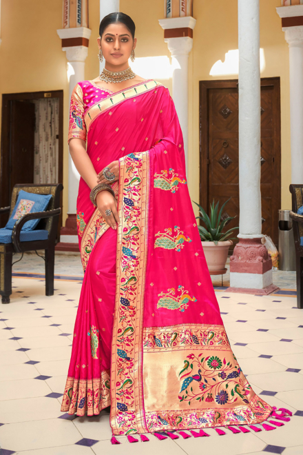 Pink Magenta Silk Blend Banarasi Saree