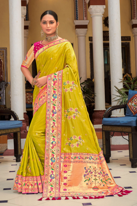 Mehandi Light Green Silk Blend Banarasi Saree