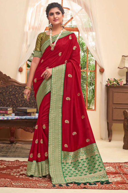 Wine Red Vichitra Banarasi Saree