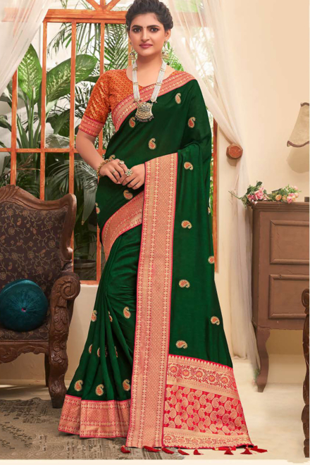 Forest Dark Green Vichitra Banarasi Saree