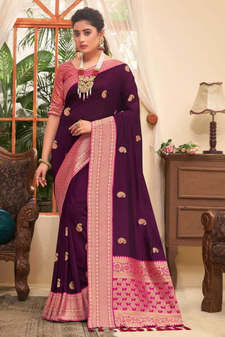 Wine Purple Vichitra Banarasi Saree