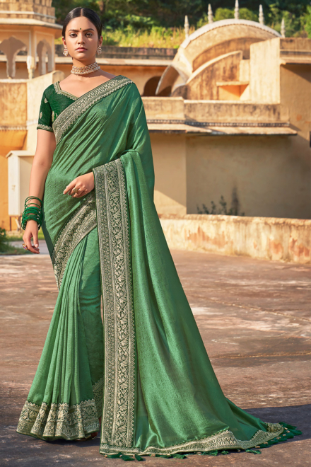 Fresh Green Vichitra Banarasi Saree