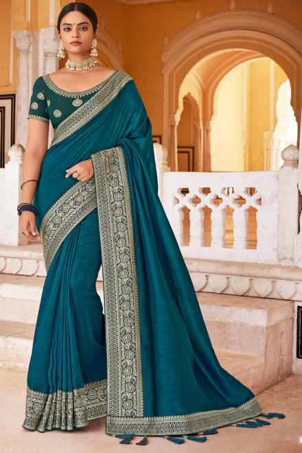 Peacock Blue Vichitra Banarasi Saree