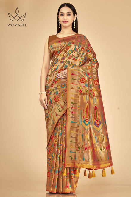 Flaming Orange Silk Blend Paithani Saree