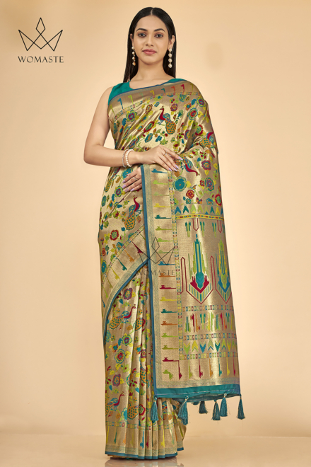 Fresh Green Silk Blend Paithani Saree