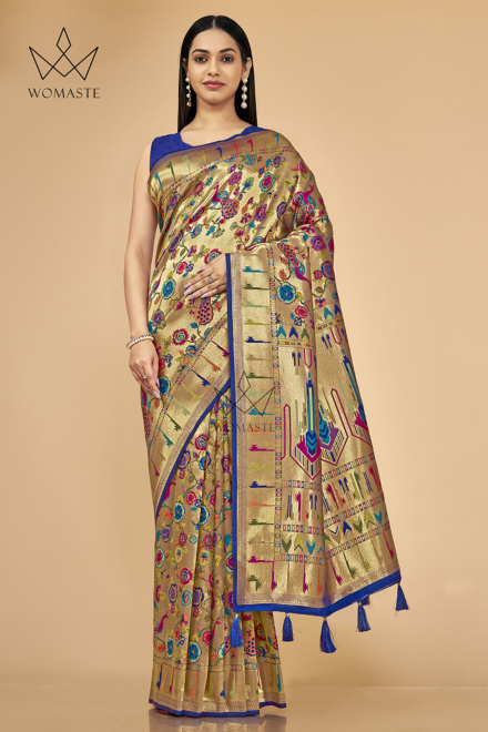 Beautiful Blue Silk Blend Paithani Saree