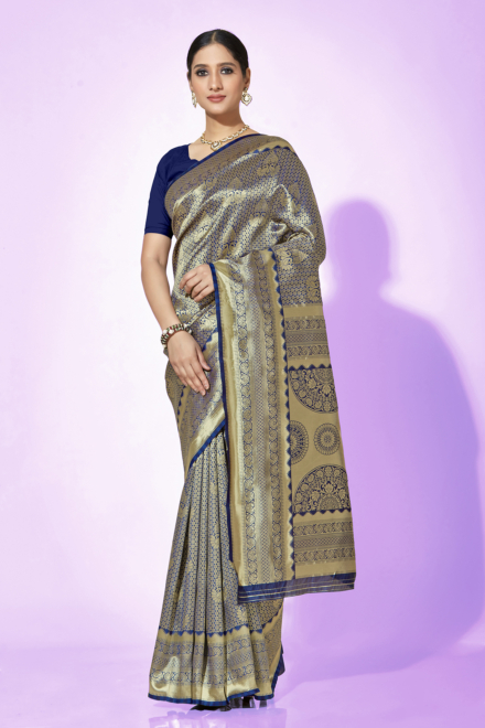 Navy Blue Silk Blend Kanjivaram Saree