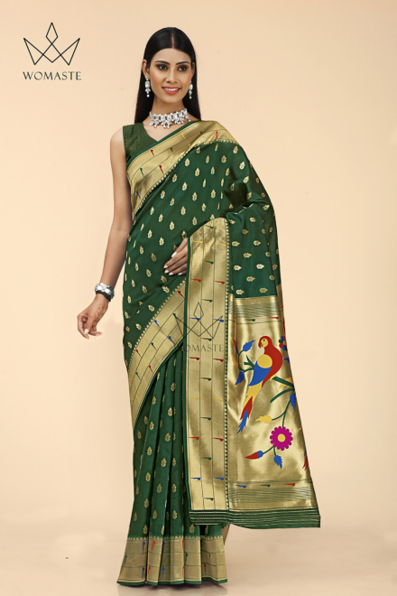 Ship wreck Dark Green Silk Blend Paithani Saree