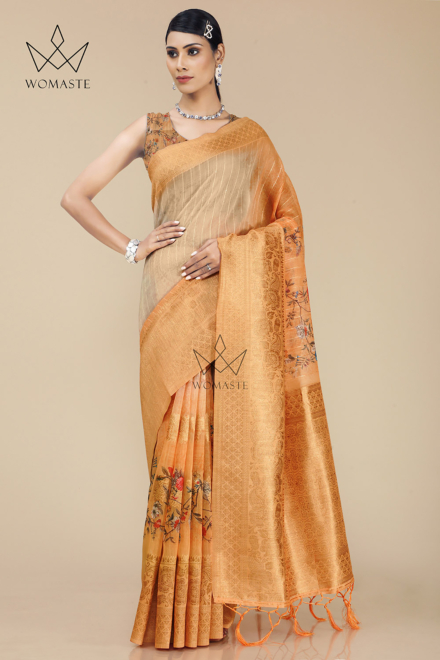 Juicy Orange Cotton Linen Maheshwari Saree