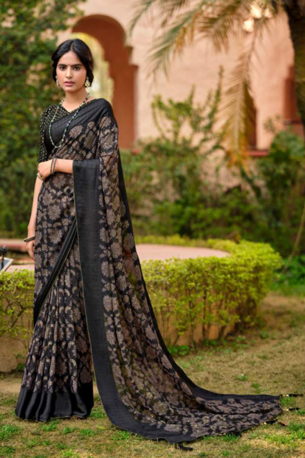 Dark Brown Georgette Chiffon Blend Hand Batik Saree