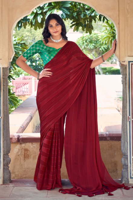 Auburn Maroon Satin Blend Fashion Saree