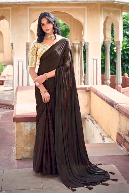 Carob  Brown Satin Blend Fashion Saree