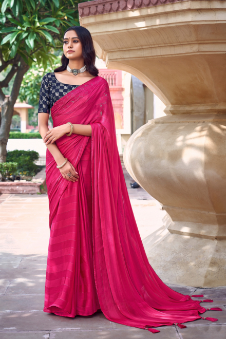 Hot Pink Satin Blend Fashion Saree