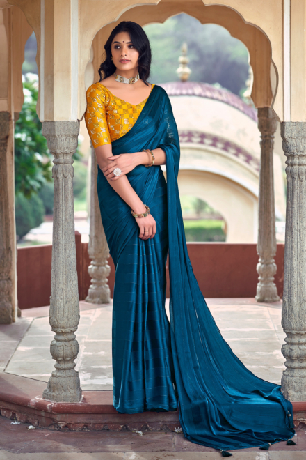 Cerulean Blue Satin Blend Fashion Saree