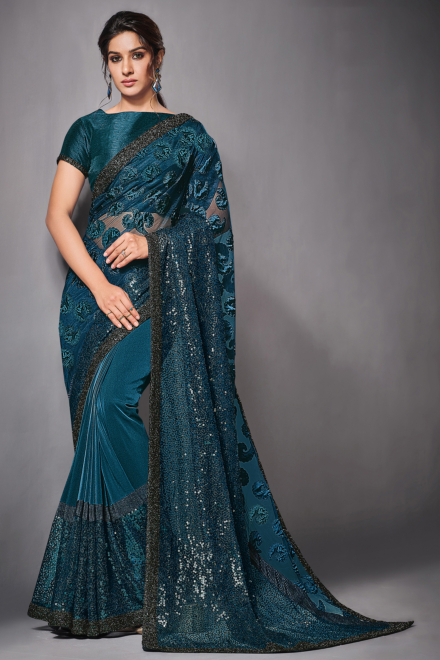 Aegean Blue Lycra Bollywood Saree