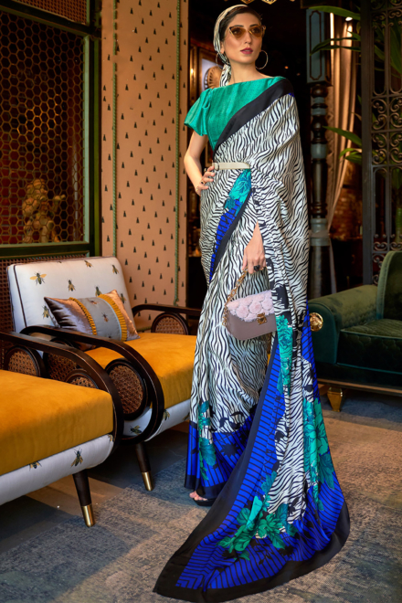 Peacock Blue Japanese Crepe Bollywood Saree