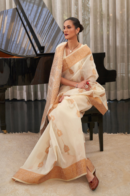 Lovely Cream Cotton Linen Blend Bollywood Saree
