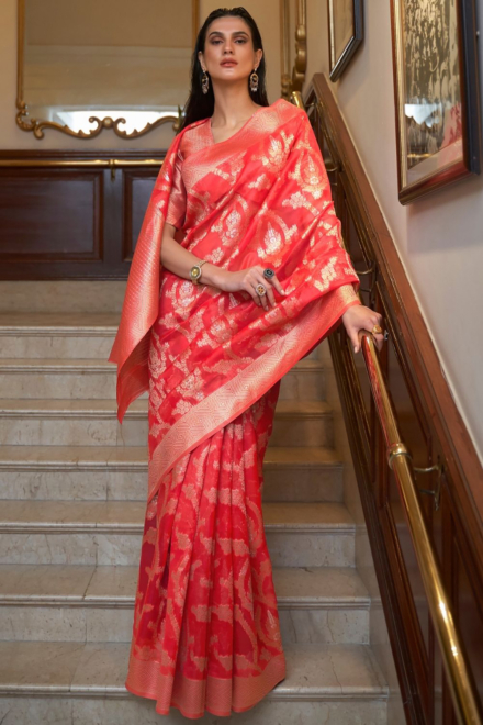 Bright Red Organza Handloom Saree