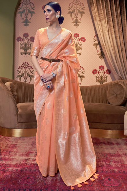 Light Orange Silk Blend Handloom Saree