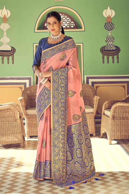 Flamingo Pink Tissue Zari Silk Banarasi Saree