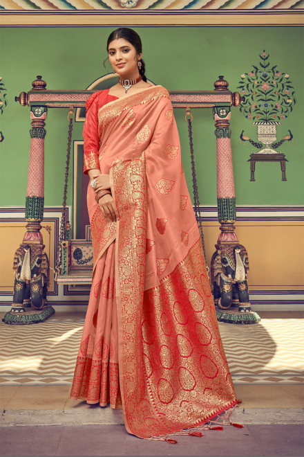 Light Red Tissue Zari Silk Banarasi Saree