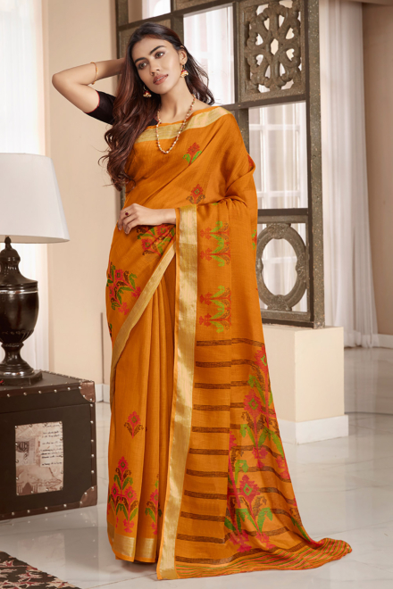 Dark Orange Pure Linen Daily Wear Saree