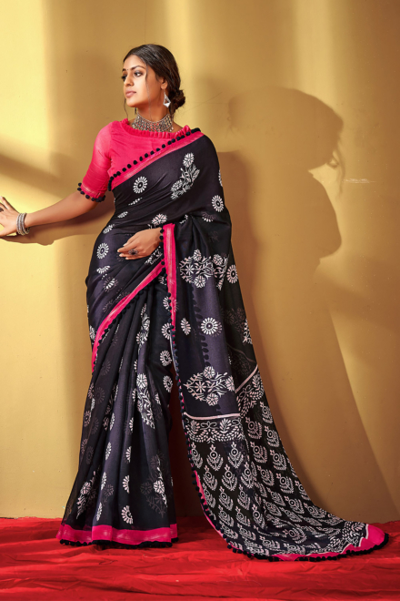 Bluish  Black Mulmul Cotton Ikkat Saree