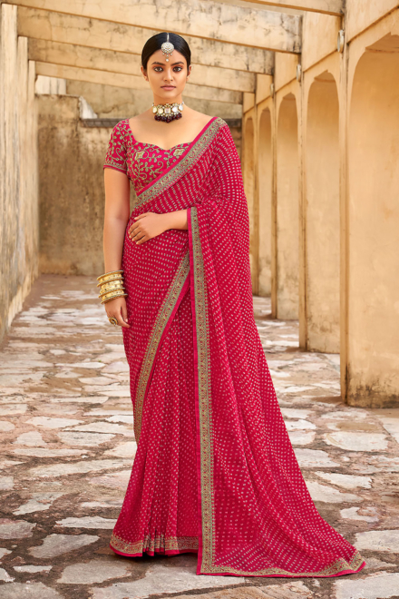 Cherry Red Georgette Bandhani Saree