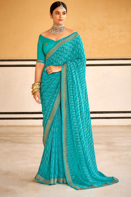 Sky Blue Georgette Bandhani Saree