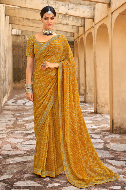 Ocher Yellow Georgette Bandhani Saree