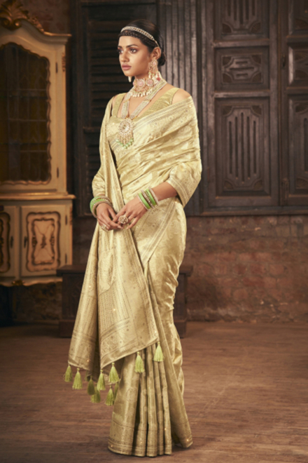 Pista Light Green Mulberry Silk Handloom Saree