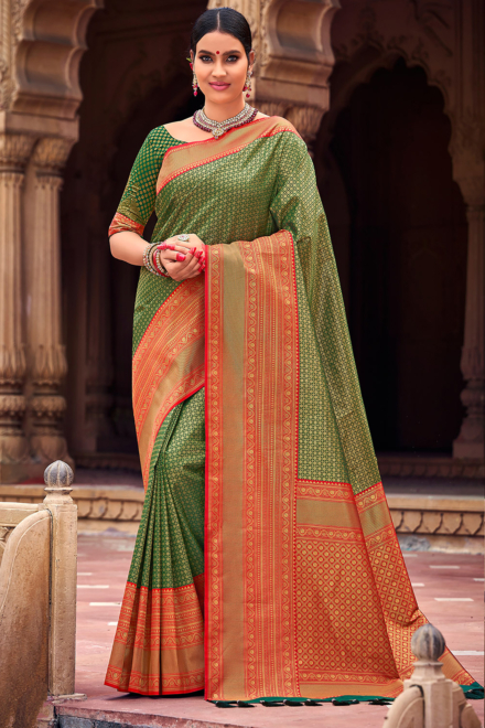 Forest Green Silk Blend Kanjivaram Saree