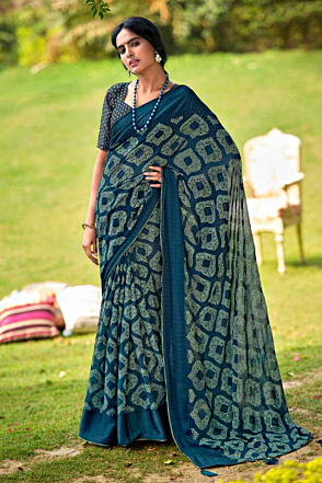 Aegean Blue Georgette Chiffon Blend Hand Batik Saree