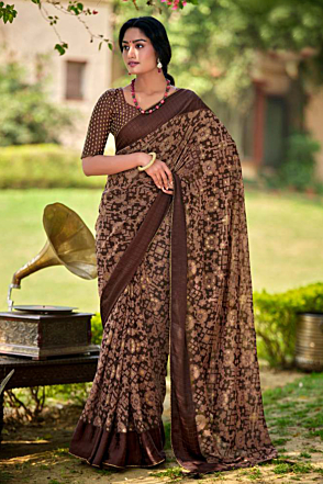 Pecan Brown Georgette Chiffon Blend Hand Batik Saree