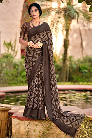 Brunette Brown Georgette Chiffon Blend Hand Batik Saree