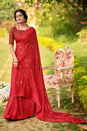 Candy Red Georgette Chiffon Blend Hand Batik Saree