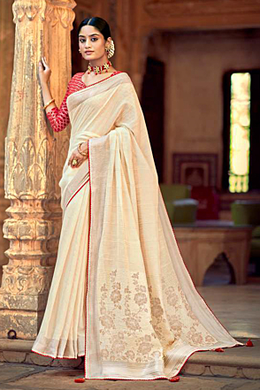 Off White Vichitra Muslin Saree